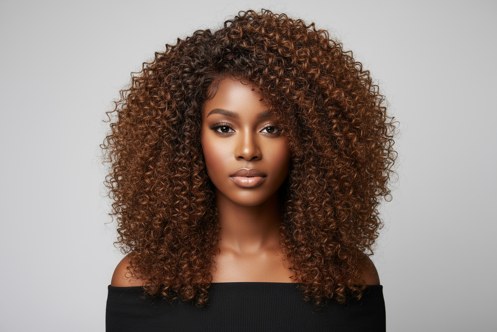 Natural Burmese curly hair wig on black model. 