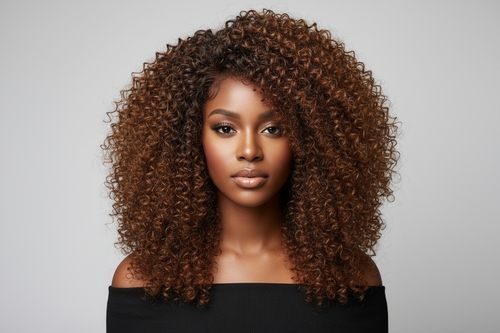 Natural Burmese curly hair wig on black model. 